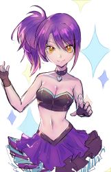 Rule 34 | 1girl, absurdres, bad id, bad pixiv id, bow, breasts, choker, cleavage, fingerless gloves, gloves, hair bow, heart, heart necklace, highres, layered skirt, looking at viewer, medium breasts, midriff, navel, necklace, pretty series, pripara, purple hair, saku t, side ponytail, skirt, smile, strapless, toudou shion, tube top, yellow eyes
