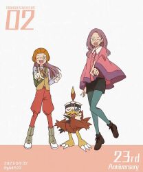 Rule 34 | 1girl, 1other, ;d, age progression, blue pantyhose, dated, digimon, digimon (creature), full body, glasses, hawkmon, highres, inoue miyako, long hair, one eye closed, open mouth, orange eyes, pantyhose, pink hair, smile, standing