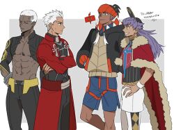 4boys abs archer_(fate) arm_behind_back baseball_cap black_hair black_jacket blue_eyes blue_shorts brown_eyes cape commentary_request creatures_(company) crossed_arms crossover dark-skinned_male dark_skin dual_persona emiya_alter fate/grand_order fate_(series) fur-trimmed_cape fur_trim game_freak gen_4_pokemon hands_in_pockets hat headband ichimatsuinfo jacket leon_(pokemon) male_focus multiple_boys navel nintendo orange_headband pokemon pokemon_swsh purple_hair raihan_(pokemon) red_cape rotom rotom_phone shorts translation_request very_dark_skin white_hair