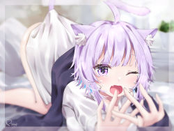 Rule 34 | 1girl, ;o, absurdres, ahoge, all fours, animal ear fluff, animal ears, blunt bangs, blurry, blurry background, cat ears, cat girl, cat tail, depth of field, fang, framed, highres, hololive, looking at viewer, nekomata okayu, nekomata okayu (oversized shirt), off shoulder, official alternate costume, one eye closed, open mouth, pato (8o 10), purple eyes, purple hair, shirt, short hair, signature, solo, stretching, tail, tears, virtual youtuber, waking up, white shirt, yawning