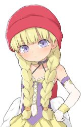 Rule 34 | 1girl, blonde hair, blunt bangs, blush, braid, commentary request, divine bustier (dq), dragon quest, dragon quest xi, elbow gloves, gloves, hand on own hip, hat, highres, long hair, looking at viewer, miniskirt, purple eyes, purple shirt, red hat, shirt, simple background, skirt, solo, standing, twin braids, upper body, veronica (dq11), white background, white gloves, yakihebi, yellow skirt