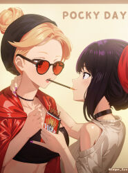 Rule 34 | 2girls, absurdres, black choker, black hair, brown sweater, choker, commentary request, edgar syu, food, hair bun, highres, holding, holding food, holding pocky, imminent kiss, inoue takina, jacket, looking at another, lycoris recoil, multiple girls, nishikigi chisato, pocky, pocky day, pocky kiss, purple eyes, purple nails, pursed lips, red-tinted eyewear, red eyes, red jacket, red nails, shared food, short hair, sleeveless, sleeveless sweater, sweater, tinted eyewear, yuri