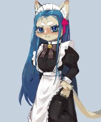 Rule 34 | 1girl, :t, animal ear fluff, animal ears, apron, bell, black dress, black thighhighs, blue background, blue eyes, blue hair, blueberry tea, blush, body fur, bow, bowtie, breasts, brown bow, brown bowtie, brown fur, buttons, cat ears, cat girl, cat tail, closed mouth, dress, embarrassed, facial mark, female focus, forehead mark, frilled apron, frills, furry, furry female, garter straps, hair ribbon, half-closed eyes, highres, jingle bell, juliet sleeves, lace, lace-trimmed thighhighs, long hair, long sleeves, looking at viewer, maid, maid apron, maid headdress, medium breasts, neck bell, nose blush, original, puffy sleeves, red ribbon, ribbon, simple background, slit pupils, solo, standing, tail, thick eyebrows, thighhighs, v-shaped eyebrows, white apron