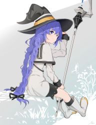 Rule 34 | 1girl, anho, arm up, black hat, black ribbon, black socks, blue eyes, blue hair, boots, braid, capelet, closed mouth, commentary request, dress, from behind, full body, grey capelet, grey dress, grey footwear, hair between eyes, hair ribbon, hand on headwear, hat, long hair, long sleeves, looking at viewer, looking back, low twintails, mushoku tensei, ribbon, roxy migurdia, sitting, smile, socks, solo, staff, twin braids, twintails, very long hair, witch hat