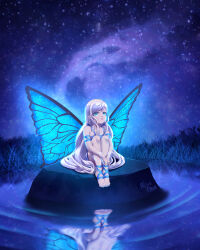 Rule 34 | 1girl, aisuman, armlet, artist name, blue dress, blue eyes, blue nails, blue wings, butterfly wings, closed mouth, dress, fairy, fairy wings, feet, female focus, grass, highres, hugging own legs, insect wings, knees up, long hair, looking up, nail polish, night, night sky, original, outdoors, reflection, ripples, sidelocks, sitting, sky, solo, spaghetti strap, star (sky), starry sky, thighs, toeless footwear, toenail polish, toenails, toes, very long hair, water, white hair, wings