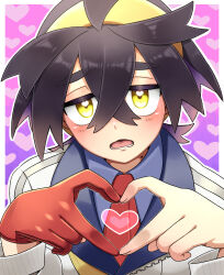 Rule 34 | 1boy, black hair, blue shirt, collared shirt, commentary request, creatures (company), crossed bangs, game freak, gloves, hair between eyes, hairband, hands up, heart, heart hands, highres, jacket, kieran (pokemon), kyouka. (kyouka), looking at viewer, lower teeth only, male focus, necktie, nintendo, open mouth, outline, pokemon, pokemon sv, purple background, red gloves, red necktie, shirt, single glove, solo, teeth, tongue, upper body, white jacket, yellow eyes, yellow hairband