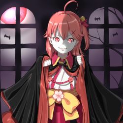 Rule 34 | 1girl, ahoge, bat (animal), bell, cape, female focus, hair bell, hair between eyes, hair ornament, hololive, looking at viewer, moon, nontraditional miko, pink eyes, pink hair, red moon, sakura miko, sakura miko (1st costume), side ponytail, slit pupils, smile, solo, vampire, virtual youtuber, window, yozora