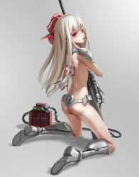 Rule 34 | 1girl, armored boots, ass, back, backlighting, bad id, bad pixiv id, beige hair, bionic, boots, bow, breasts, bullet in mouth, cable, charging, fujiwara no mokou, grey background, gun, hair bow, highres, holding, holding gun, holding weapon, kneeling, long hair, long legs, looking to the side, petite, pupil g, red eyes, rifle, science fiction, simple background, small breasts, solo, team shanghai alice, thighs, touhou, weapon