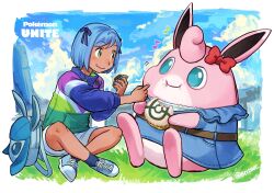 Rule 34 | 1girl, :i, backpack, bag, belt, blue hair, blush, border, bow, brown belt, closed mouth, clothed pokemon, cloud, commentary request, copyright name, creatures (company), day, eating, elizabeth (tomas21), feeding, food, game freak, gen 1 pokemon, gen 4 pokemon, glaceon, grass, green eyes, highres, musical note, nintendo, onigiri, outdoors, pokemon, pokemon (creature), pokemon unite, red bow, shoes, short hair, shorts, sitting, sky, smile, sneakers, socks, unworn bag, white border, wigglytuff