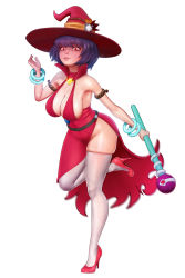 Rule 34 | 1girl, aethos, alternate costume, bracelet, breasts, cleavage, dress, fangs, hat, hat ornament, high heels, highres, holding, holding wand, jewelry, large breasts, long dress, mirror, no panties, purple hair, red dress, red eyes, red footwear, red hat, rope, short hair, side slit, sideboob, simple background, sleeveless, sleeveless dress, slit pupils, solo, thighhighs, touhou, wand, white background, white thighhighs, witch hat, yasaka kanako