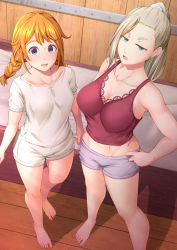 Rule 34 | 2girls, barefoot, bed, blue shorts, braid, breasts, cleavage, green eyes, hand on own hip, highres, indoors, kuutei dragons, large breasts, light brown hair, looking at viewer, medium breasts, midriff, multiple girls, ocza, open mouth, orange hair, ponytail, purple eyes, shadow, shirt, short sleeves, short twintails, shorts, standing, takita (kuutei dragons), thick eyebrows, twin braids, twintails, vannabelle, white shirt, white shorts