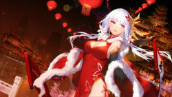 Rule 34 | 1girl, alternate costume, architecture, azur lane, black gloves, blue eyes, box, breasts, cape, china dress, chinese clothes, city, cleavage cutout, clothing cutout, dress, dutch angle, east asian architecture, elbow gloves, feather hair ornament, feathers, floating hair, gloves, hair ornament, heart-shaped box, highres, hip focus, illustrious (azur lane), lantern, large breasts, long hair, looking back, low twintails, night, outdoors, paper lantern, pelvic curtain, red dress, river, scroll, side slit, swd3e2, twintails, very long hair, white hair, wind