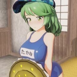 Rule 34 | 1girl, 3d, animated, bare shoulders, breasts, camouflage, camouflage headwear, clothes writing, green eyes, green hair, indoors, jiggle, large breasts, medium hair, mofumoko5, one-piece swimsuit, solo, swimsuit, touhou, video, yamashiro takane