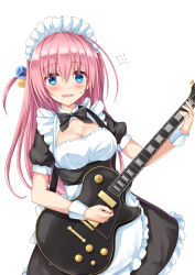 Rule 34 | 1girl, absurdres, alternate costume, apron, blue eyes, blush, bocchi the rock!, breasts, cleavage, commentary request, cube hair ornament, electric guitar, enmaided, flying sweatdrops, gibson les paul, gotoh hitori, guitar, hair ornament, highres, holding, holding instrument, instrument, jacket, kyamu (qqea92z9n), long hair, long sleeves, maid, maid apron, maid headdress, medium breasts, nervous smile, open mouth, pink hair, puffy short sleeves, puffy sleeves, short sleeves, simple background, smile, solo, sweatdrop, track jacket, upper body, white background, wrist cuffs