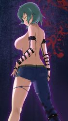 Rule 34 | 10s, 1girl, anzuu, arms at sides, ass, asymmetrical clothes, back, blood, blood on face, blood splatter, blood on hands, breasts, butt crack, choker, cowboy shot, dirty, dirty clothes, from behind, green hair, highres, hikage (senran kagura), looking at viewer, looking back, medium breasts, pocket, senran kagura, short hair, shoulder blades, sideways glance, skindentation, slit pupils, solo, standing, topless, torn clothes, yellow eyes