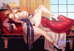 Rule 34 | 1girl, anklet, bare legs, blue eyes, breasts, commission, curtains, detached sleeves, dungeon and fighter, female gunner (dungeon and fighter), glasses, hair bun, hair ornament, hairpin, heart, heart panties, heart print, high heels, highres, jewelry, large breasts, long hair, panties, pelvic curtain, print panties, rantia, smile, solo, teeth, underwear, window