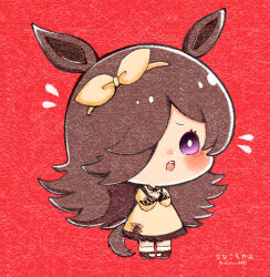 Rule 34 | 1girl, :o, animal ears, blush, boots, bow, brown footwear, brown hair, chibi, collared dress, dress, flipped hair, flying sweatdrops, full body, hair bow, hair over one eye, hairband, horse ears, horse girl, horse tail, long hair, long sleeves, nanakoro0402, one eye covered, open mouth, own hands together, purple eyes, red background, rice shower (umamusume), simple background, solo, standing, tail, twitter username, umamusume, very long hair, worried, yellow dress