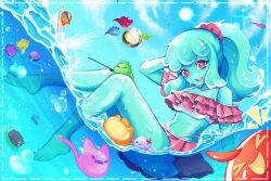 Rule 34 | + +, 1girl, alternate costume, aqua hair, aqua skin, arm behind head, barefoot, beanni, bikini, border, bubble, collarbone, colored eyelashes, colored skin, commentary, english commentary, frilled bikini, frills, highres, inset border, juno (omega strikers), lens flare, long hair, looking at viewer, monster girl, omega strikers, open mouth, partially submerged, partially underwater shot, pink bikini, pink eyes, ponytail, slime (creature), slime (substance), slime girl, smile, solo, star (symbol), summer, sun, swimming, swimsuit, teeth, underwater, upper teeth only, water, white border