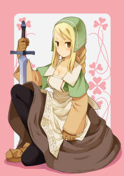 Rule 34 | 1girl, agrias oaks, b.tarou, blonde hair, blush, braid, braided ponytail, breasts, brown eyes, chemist (fft), class change, cleavage, final fantasy, final fantasy tactics, gloves, kneeling, no nose, on one knee, pantyhose, single braid, solo, sword, weapon