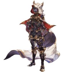 Rule 34 | 1boy, black pants, cape, crossed arms, full body, gloves, granblue fantasy, hood, horns, long sleeves, male focus, mask, minaba hideo, official art, pants, red eyes, sheath, sheathed, seox (granblue fantasy), solo, space, star (sky), transparent background, weapon, white gloves