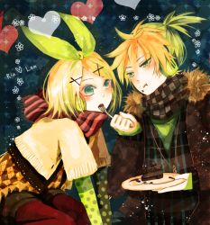Rule 34 | 1boy, 1girl, bad id, bad pixiv id, blush, brother and sister, casual, food, fork, heart, kagamine len, kagamine rin, miyake achi, scarf, siblings, twins, vocaloid