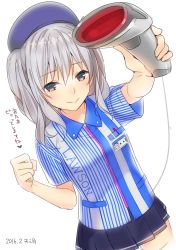 Rule 34 | 10s, 1girl, 2016, ama mitsuki, artist name, barcode scanner, dated, employee uniform, hat, kantai collection, kashima (kancolle), lawson, name tag, silver hair, solo, twintails, uniform