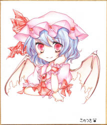 Rule 34 | 1girl, ascot, bad id, bad pixiv id, bat wings, blue hair, female focus, hat, hat ribbon, jewelry, puffy sleeves, red eyes, remilia scarlet, ribbon, sanotsuki, shikishi, short hair, short sleeves, smile, solo, touhou, traditional media, upper body, white background, wings, wrist cuffs
