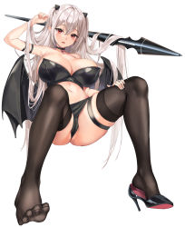 Rule 34 | 1girl, absurdres, arm strap, arm up, black bra, black choker, black footwear, black panties, black thighhighs, bra, breasts, cameltoe, choker, cleft of venus, commentary, demon girl, demon horns, demon wings, feet, full body, hair between eyes, hand on own thigh, high heels, highres, horns, invisible chair, jewelry, large breasts, lillly, long hair, looking at viewer, multiple rings, navel, original, panties, parted lips, pointy ears, red eyes, revision, ring, shoes, silver hair, simple background, single shoe, sitting, skindentation, soles, solo, stomach, thigh strap, thighhighs, thumb ring, toes, underwear, very long hair, white background, wings