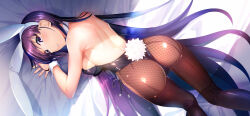 Rule 34 | animal ears, ass, back, backless leotard, fishnet pantyhose, fishnets, grisaia (series), highres, leotard, long hair, looking at viewer, md5 mismatch, on bed, pantyhose, playboy bunny, purple eyes, purple hair, rabbit ears, rabbit girl, rabbit tail, resolution mismatch, sakaki yumiko, source smaller, tail