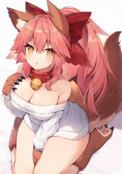 Rule 34 | 1girl, animal ears, animal hands, bell, between legs, blush, bow, breasts, chestnut mouth, cleavage, collar, commentary request, fate/grand order, fate (series), fox ears, fox girl, fox tail, hair bow, hand between legs, hand on own chest, highres, large breasts, long hair, looking at viewer, muryotaro, neck bell, orange eyes, pink hair, ponytail, red bow, ribbed sweater, seiza, simple background, sitting, solo, sweater, tail, tamamo (fate), tamamo cat (fate), white background