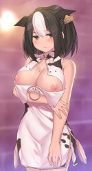 Rule 34 | 1girl, :&lt;, animal ears, black hair, blush, breast hold, breasts, cccpo, china dress, chinese clothes, cow ears, cow girl, cow tail, dress, ear tag, highres, holstein (cccpo), large breasts, looking at viewer, multicolored hair, nipples, original, short hair, solo, tail, two-tone hair, white hair