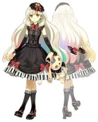 Rule 34 | 1girl, axe, black socks, blonde hair, boots, bow, dress, elbow gloves, frilled socks, frills, full body, gloves, goth fashion, gothic lolita, gradient hair, hair ornament, hidari (left side), holding, lace, lace-trimmed gloves, lace-trimmed legwear, lace trim, lolita fashion, mayu (vocaloid), multicolored hair, official art, piano print, rabbit, rainbow hair, socks, solo, stuffed animal, stuffed rabbit, stuffed toy, transparent background, usano mimi, vocaloid, weapon, white background, yellow eyes