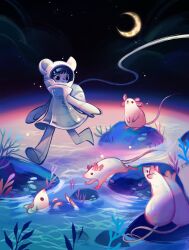 Rule 34 | 1girl, animal, animal ears, backpack, bag, black eyes, black hair, cable, commentary, crescent moon, dress, english commentary, extra ears, fake animal ears, feefal, helmet, highres, horizon, moon, mouse (animal), mouse ears, night, night sky, original, outdoors, plant, running, scenery, science fiction, sky, space, space helmet, spacesuit, star (sky), starry sky, stream, wide shot