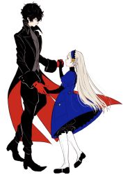 Rule 34 | 10s, 1boy, 1girl, amamiya ren, artist request, black gloves, black hair, blonde hair, blue dress, blue hairband, blush, bug, butterfly, butterfly hair ornament, dancing, dress, elbow gloves, eye contact, gloves, hair ornament, hairband, happy, headband, height difference, highres, holding hands, insect, lavenza (persona 5), long hair, looking at another, looking down, looking up, persona, persona 5, red gloves, shoes, short hair, smile, spoilers, yellow eyes