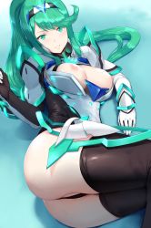 Rule 34 | 1girl, aqua eyes, aqua hair, arm guards, armor, ass, black panties, black thighhighs, breasts, breasts out, cleavage cutout, clothing cutout, elbow gloves, faulds, female focus, gem, gloves, glowing, hairband, hews, highres, large breasts, long hair, looking at viewer, matching hair/eyes, nintendo, nipples, panties, parted bangs, parted lips, pneuma (xenoblade), sidelocks, smile, solo, spoilers, sweat, swept bangs, thighhighs, underwear, very long hair, xenoblade chronicles (series), xenoblade chronicles 2