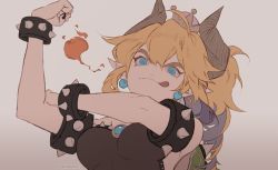 Rule 34 | 1girl, armlet, bare shoulders, beige background, black collar, black dress, blonde hair, blue eyes, borrowed design, bowsette, bracelet, bras d&#039;honneur, breasts, breath weapon, breathing fire, closed mouth, collar, crown, dress, earrings, fire, horns, jewelry, kawacy, long hair, mario (series), medium breasts, new super mario bros. u deluxe, nintendo, pointy ears, ponytail, smile, solo, spiked armlet, spiked bracelet, spiked shell, spikes, strapless, strapless dress, super crown, tongue, tongue out, turtle shell, unfinished, upper body, we can do it!