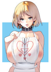Rule 34 | 1girl, apron, aqua eyes, blonde hair, blue background, border, breasts, cleavage, collar, curvy, ear piercing, highres, huge breasts, kouno (masao), mature female, naked apron, nipples, original, piercing, short hair, solo, tongue, tongue out, white border