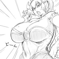 Rule 34 | 1girl, armlet, blush, borrowed character, bowsette, breasts, collarbone, crown, earrings, emphasis lines, greyscale, hair between eyes, hand on own hip, horns, huge breasts, jewelry, kaxiota, looking at viewer, mario (series), monochrome, new super mario bros. u deluxe, nintendo, open mouth, oral invitation, ponytail, saliva, sexually suggestive, shell, short hair, spikes, super crown, sweatdrop, tongue, tongue out