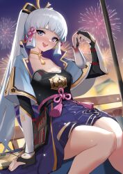 Rule 34 | 1girl, :d, arm guards, armor, ayaka (genshin impact), bench, blue eyes, blunt bangs, blush, bottle, breastplate, breasts, choker, cleavage, collarbone, commentary request, drunk, fireworks, genshin impact, grey hair, hair ornament, hair ribbon, head tilt, highres, holding, holding bottle, japanese clothes, long hair, looking at viewer, medium breasts, mole, mole under eye, open mouth, ponytail, ribbon, short sleeves, sidelocks, sitting, smile, solo, stone (ksorede), sweat, tokkuri, tress ribbon, twilight