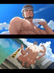 Rule 34 | 2boys, anal, ass, bara, beard, biceps, blue sky, blurry, boots, cigarette, cowboy shot, day, depth of field, facial hair, flexing, forked eyebrows, from behind, full beard, full body, hachimaki, hairy, headband, highres, holding, holding clothes, holding shirt, large pectorals, looking at viewer, lying, male focus, mature male, missionary, multiple boys, muscular, muscular male, mustache stubble, nipples, nude, ocean, on back, original, oro9, outdoors, paid reward available, pectorals, public indecency, sanpaku, seductive smile, sex, shirt, short hair, sky, smile, smoking, sparse chest hair, spread ass, squatting, stubble, testicle hair, thick eyebrows, thick leg hair, tsurime, unworn boots, yaoi