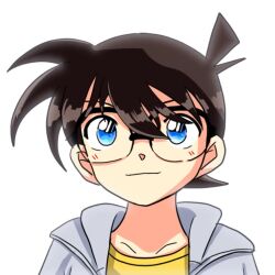 Rule 34 | 1boy, black-framed eyewear, blue eyes, blush, brown hair, close-up, closed mouth, commentary request, edogawa conan, glasses, hair between eyes, hood, hoodie, light smile, looking up, male focus, meitantei conan, pirkgk4869, shirt, short hair, simple background, solo, white background, yellow shirt