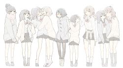 Rule 34 | 6+girls, annoyed, arm hug, bare legs, beige cardigan, black hair, black legwear, black skirt, blush, boots, bow, bowtie, brown hair, cardigan, closed mouth, clothes around waist, coat, commentary request, closed eyes, full body, fuyuri (tibirobo), glasses, grey coat, grey footwear, grey legwear, grey sweater, hair bun, hair ornament, hair scrunchie, hairclip, hand on another&#039;s head, hands in pockets, height difference, highres, hug, jitome, leaning on person, loafers, long hair, looking at another, medium hair, multiple girls, open mouth, original, pantyhose, pinching sleeves, pleated skirt, ponytail, red neckwear, sailor collar, scarf, school uniform, scrunchie, serafuku, shirt, shirt tucked in, shoes, short hair, sidelocks, simple background, single hair bun, skirt, sleeves past wrists, smile, socks, sweatdrop, sweater, sweater around waist, teeth, upper teeth only, white background, white legwear, white shirt, yuri