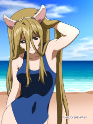 Rule 34 | 1girl, animal ears, beach, blonde hair, blue one-piece swimsuit, breasts, brown eyes, cat ears, closed mouth, fake animal ears, female focus, girls und panzer, highres, long hair, naotosi, nekonyaa (girls und panzer), one-piece swimsuit, outdoors, sky, small breasts, solo, swimsuit