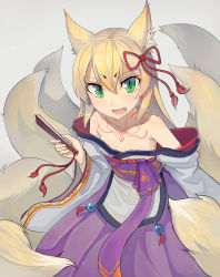 Rule 34 | 1girl, absurdres, animal ear fluff, animal ears, bare shoulders, blonde hair, bow, collarbone, cowboy shot, fang, folded fan, folding fan, fox ears, fox tail, green eyes, grey background, hair between eyes, hair ribbon, hand fan, has bad revision, highres, holding, japanese clothes, kimono, light particles, long hair, long sleeves, looking at viewer, md5 mismatch, mon-musu quest!, multiple girls, multiple tails, obi, off shoulder, official art, open mouth, resolution mismatch, ribbon, sash, slit pupils, smile, solo, source smaller, standing, tail, tamamo (mon-musu quest!), tassel, tattoo, walzrj, wide sleeves