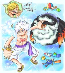 Rule 34 | 4boys, alternate form, artist name, blonde hair, borsalino (kizaru), character doll, english text, facial hair, fur trim, gear fifth, goatee, greciiagzz, highres, holding, holding toy, horns, jaygarcia saturn, looking to the side, male focus, monkey d. luffy, multiple boys, one piece, orange eyes, parody, purple sash, robot, rocket, sandals, sanji (one piece), sash, scar, scar on chest, scar on face, short hair, shorts, smoke, spider boy, spoilers, topless male, toy, white hair, white shorts