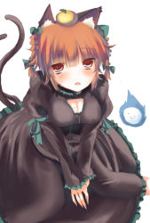 Rule 34 | 1girl, animal ears, bad id, bad pixiv id, black dress, braid, breasts, cat ears, cat girl, cat tail, cleavage, cleavage cutout, clothing cutout, dress, female focus, fingernails, food, fruit, highres, hitodama, in heat, kaenbyou rin, multiple tails, open mouth, orange (fruit), red eyes, red hair, sharp fingernails, shinonome ukyu, short hair, sitting, solo, tail, touhou, twin braids