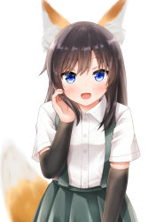 Rule 34 | 1girl, animal ear fluff, animal ears, arm warmers, asashio (kancolle), black hair, blue eyes, comiching, commentary request, cowboy shot, fox ears, fox girl, fox tail, highres, kantai collection, kemonomimi mode, long hair, looking at viewer, open mouth, pleated skirt, school uniform, shirt, short sleeves, simple background, skirt, smile, solo, standing, suspender skirt, suspenders, tail, white background, white shirt