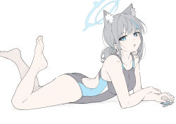 Rule 34 | 1girl, :o, animal ear fluff, animal ears, arched back, arm support, ass, back, back cutout, bare legs, barefoot, black one-piece swimsuit, blue archive, blue eyes, blush, breasts, clothing cutout, competition swimsuit, condom, condom wrapper, cross, cross hair ornament, earrings, extra ears, feet, flat color, from side, full body, grey hair, hair ornament, hair tie, halo, hand on own arm, highres, inverted cross, jewelry, legs, low ponytail, lying, masabodo, medium breasts, medium hair, mismatched pupils, official alternate costume, on bed, on stomach, one-piece swimsuit, ponytail, shiroko (blue archive), shiroko (swimsuit) (blue archive), sidelocks, simple background, soles, solo, stud earrings, swimsuit, the pose, thighs, toes, white background, wolf ears