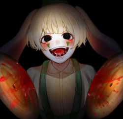 Rule 34 | 1boy, absurdres, animal ears, black eyes, blonde hair, blood, blurry, blush stickers, bunzo bunny, collared shirt, cymbals, empty eyes, facial mark, grin, highres, holding, holding instrument, horror (theme), instrument, male focus, open mouth, personification, poppy playtime, rabbit ears, sharp teeth, shirt, short hair, smile, solo, suspenders, teeth, thick eyebrows, zero (ribia)