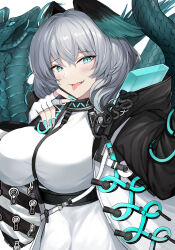 Rule 34 | 1girl, absurdres, aqua eyes, aqua nails, aqua sclera, aqua wings, arknights, belt, between breasts, blush, breasts, coat, colored sclera, dress, feathered wings, fingerless gloves, forked tongue, gloves, grey hair, head wings, highres, ho&#039;olheyak (arknights), large breasts, long coat, long sleeves, looking at viewer, namakisama, open clothes, open coat, short hair, snake tail, solo, strap between breasts, tail, takeout container, tongue, tongue out, white dress, white gloves, wings